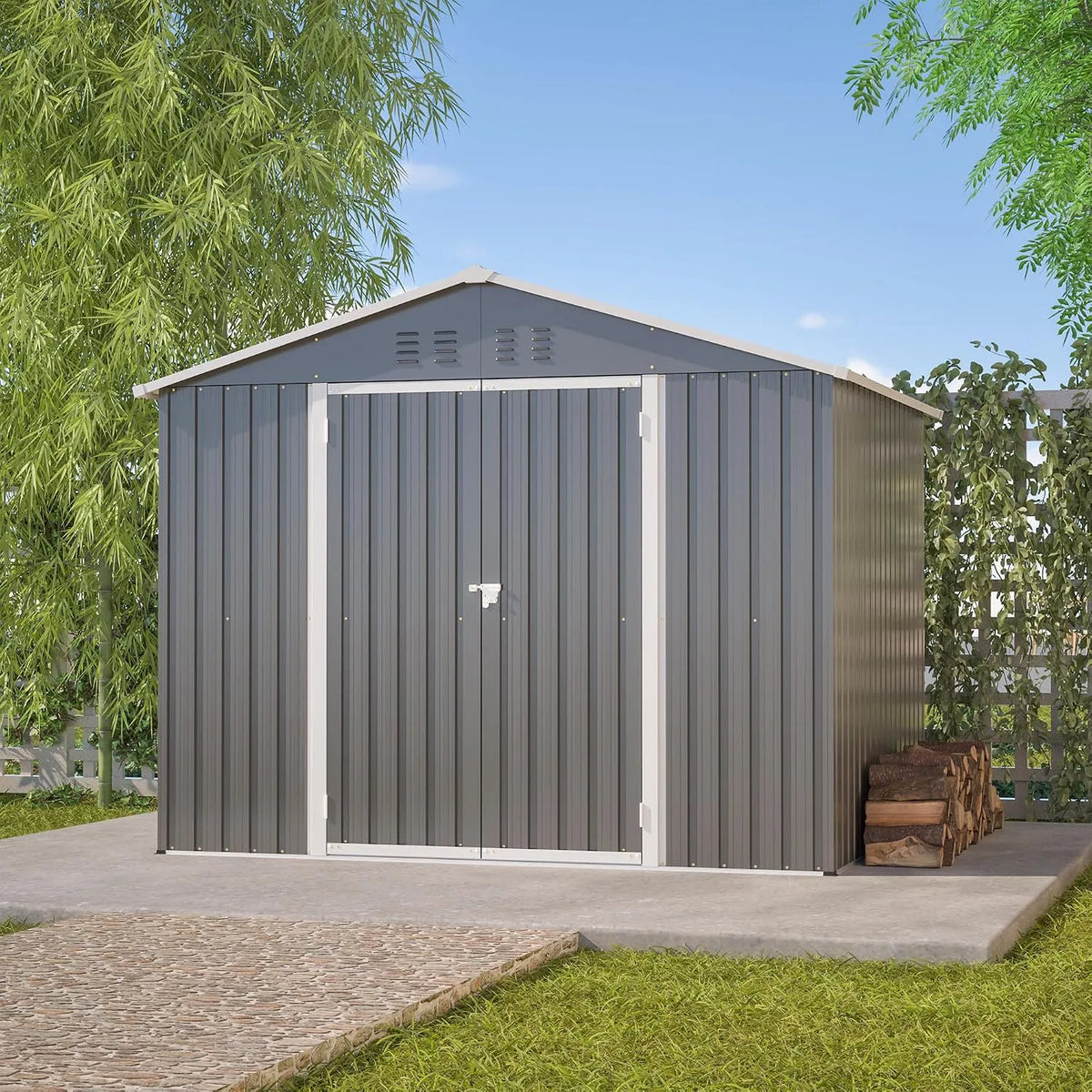 Abri de jardin, en métal 240 x 192 x 191 cm avec toit en appentis et porte battante, pour outils de jardin et rangement des outils
