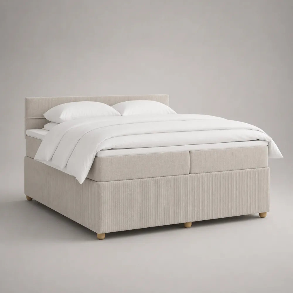 Lit coffre double 160x200 cm en tissu beige avec tête de lit rembourrée et rangement sous sommier