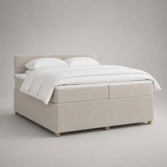Lit coffre double 160x200 cm en tissu beige avec tête de lit rembourrée et rangement sous sommier