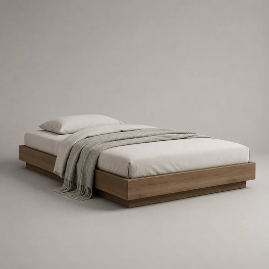 Lit double plateforme en MDF plaqué chêne naturel avec cadre bas rectangulaire 160 x 200 cm