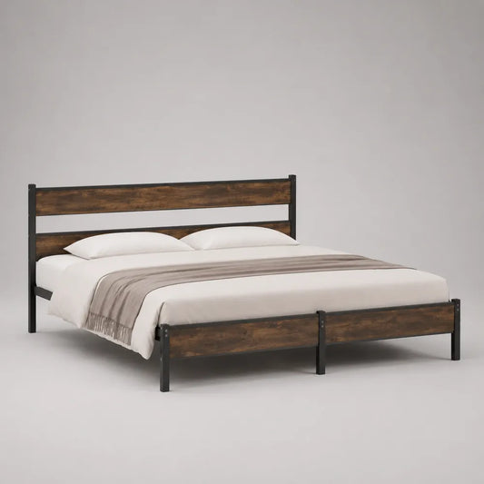Lit double avec cadre en acier et panneaux MDF effet bois marron noir 160 x 200 cm