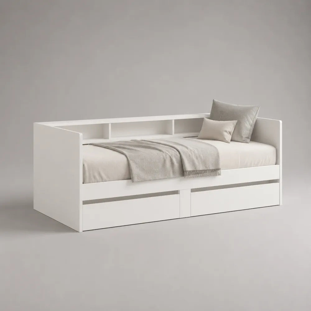 Lit banquette simple blanc en MDF avec tiroirs de rangement et niches ouvertes 90 x 200 cm
