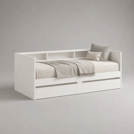 Lit banquette simple blanc en MDF avec tiroirs de rangement et niches ouvertes 90 x 200 cm