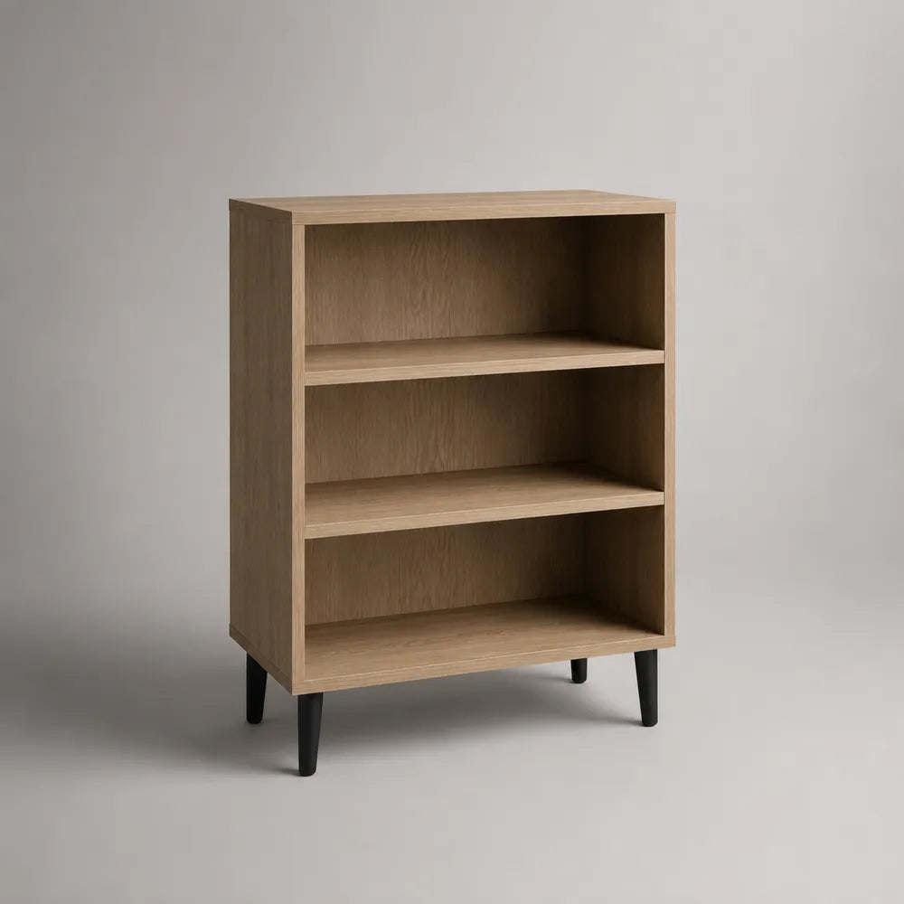Étagère sur pied en MDF chêne clair avec 3 niches ouvertes et pieds acier noir 80 x 35 x 100 cm