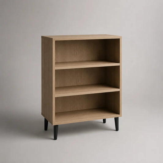 Étagère sur pied en MDF chêne clair avec 3 niches ouvertes et pieds acier noir 80 x 35 x 100 cm