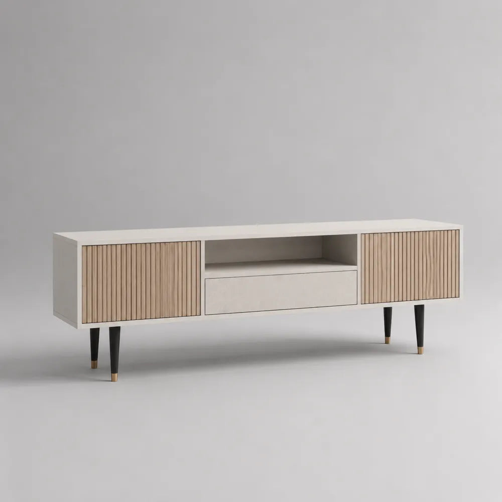 Meuble TV 200x40x55 cm en MDF blanc avec portes rainurées effet bois et pieds métal noir