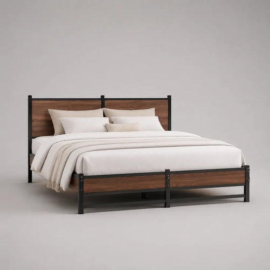 Lit double 160 x 200 cm acier noir avec panneaux MDF effet bois marron tête de lit et pied de lit
