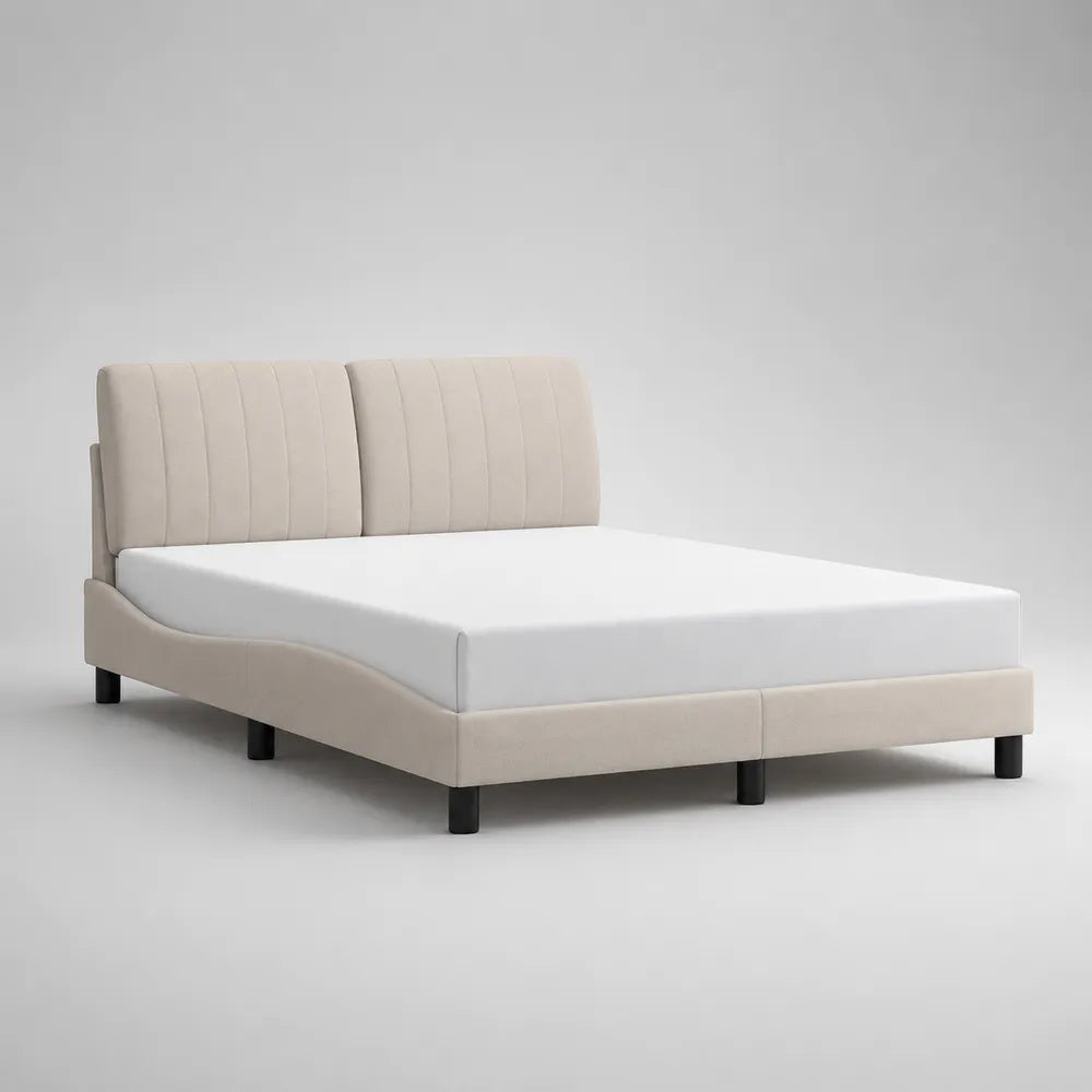 Lit double 160 x 200 cm avec cadre rembourré en tissu beige et tête de lit à panneaux verticaux