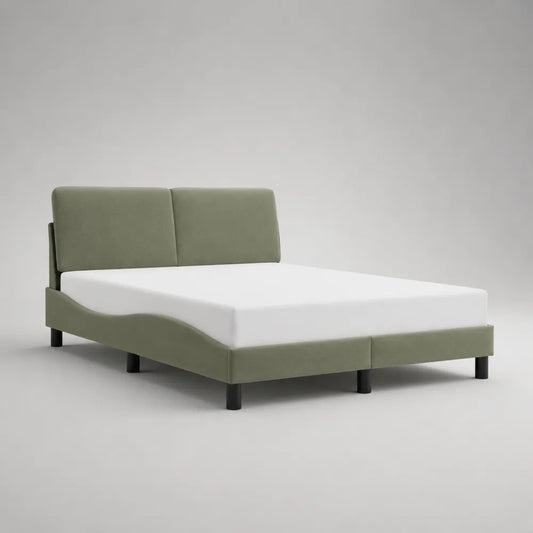 Lit double 160 x 200 cm tissu vert avec tête de lit rembourrée et pieds noirs