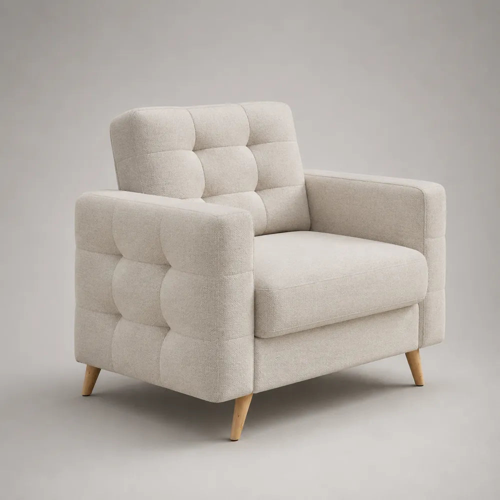 Fauteuil 85x85x85 cm en polyester beige avec pieds en bois forme rectangulaire