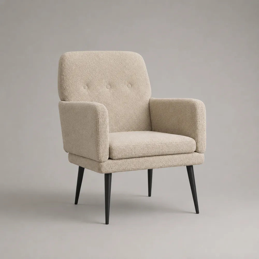 Fauteuil lounge avec accoudoirs en tissu polyester beige pieds acier noir 75 x 80 x 85 cm