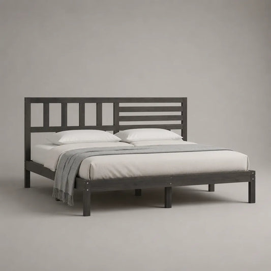 Lit double 160 x 200 cm MDF effet bois foncé et acier noir avec tête de lit ajourée