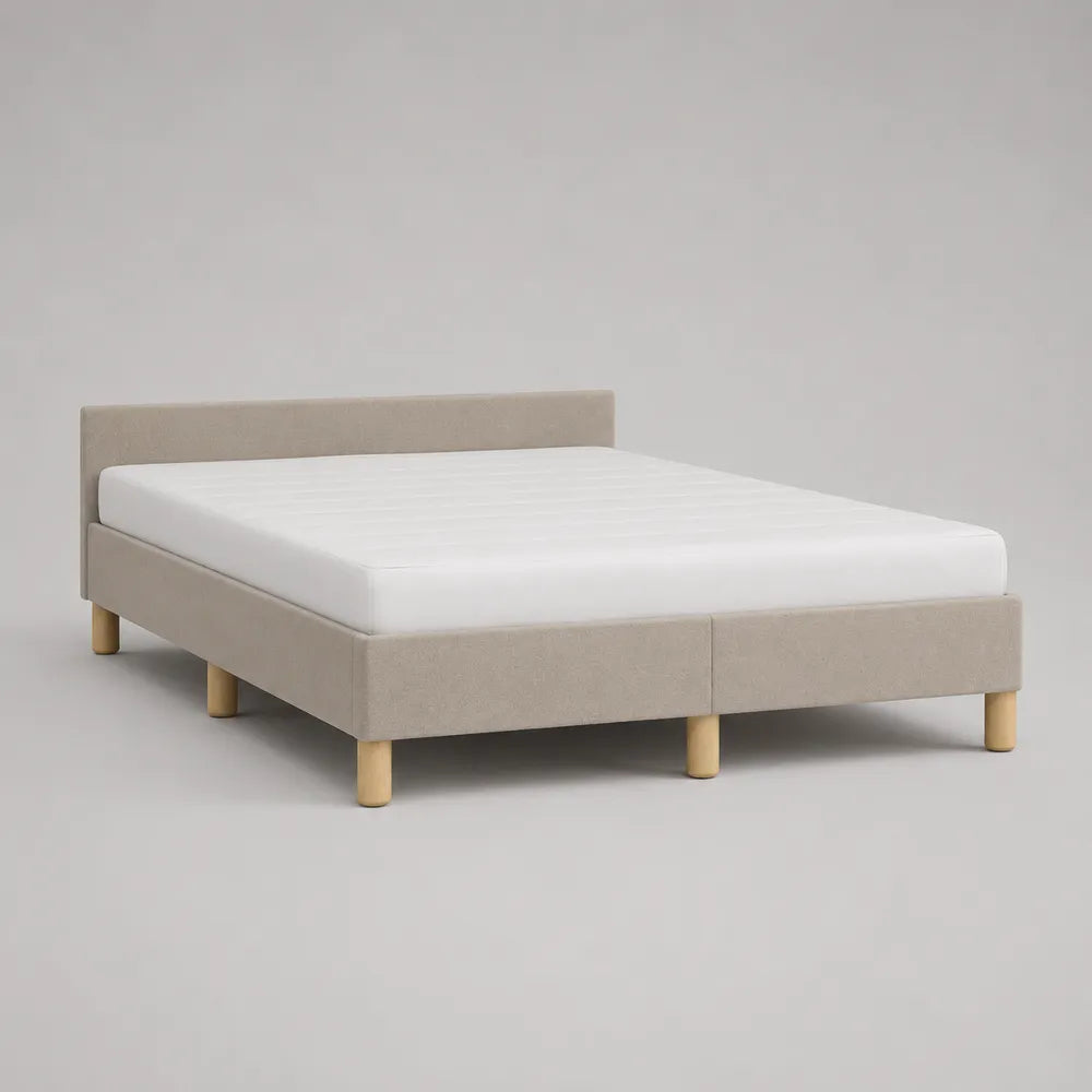 Lit double 160 x 200 cm tissu beige avec cadre rembourré et pieds en bois clair