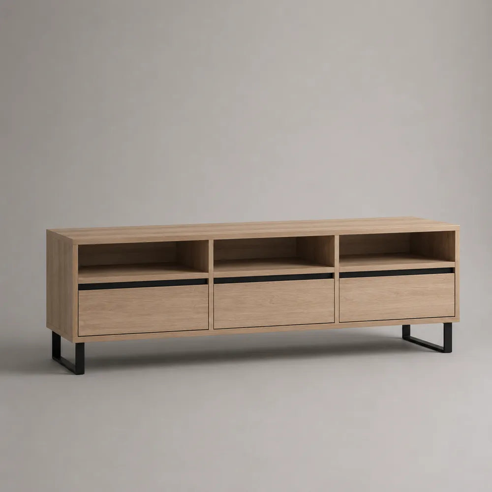 Meuble TV bas 200 x 40 x 50 cm en MDF effet chêne clair avec trois tiroirs niches et pieds noirs