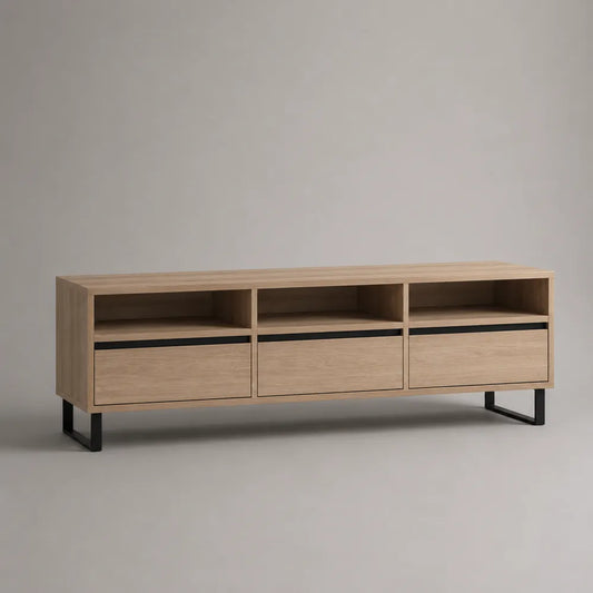 Meuble TV bas 200 x 40 x 50 cm en MDF effet chêne clair avec trois tiroirs niches et pieds noirs