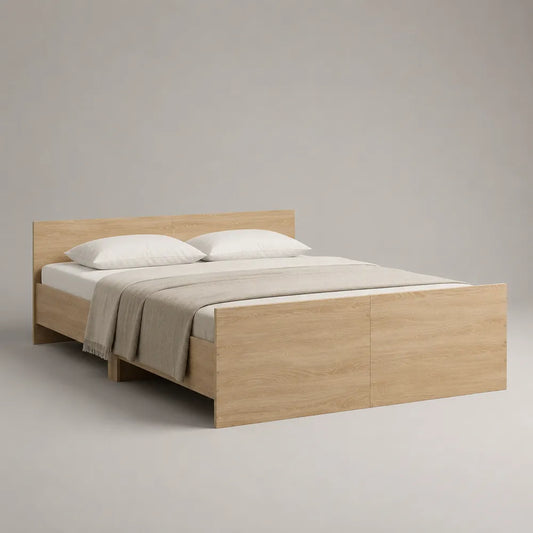 Lit double 160 x 200 cm MDF effet bois chêne clair avec tête de lit et pied de lit