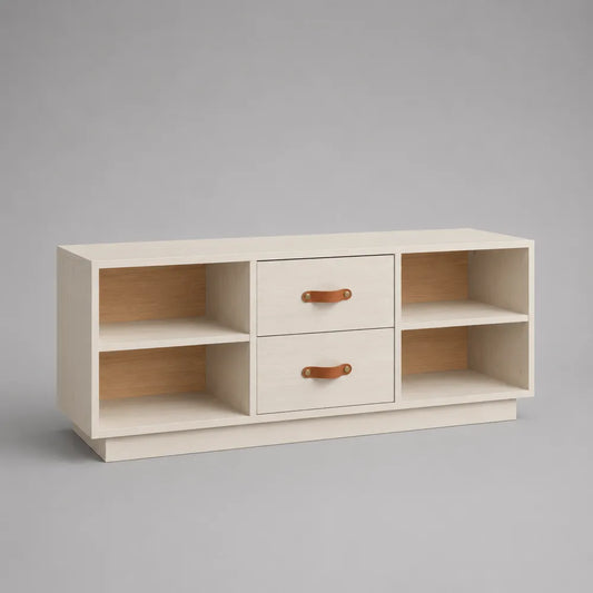 Meuble TV bas en MDF blanc avec deux tiroirs et quatre niches ouvertes finition chêne 180 x 40 x 50 cm