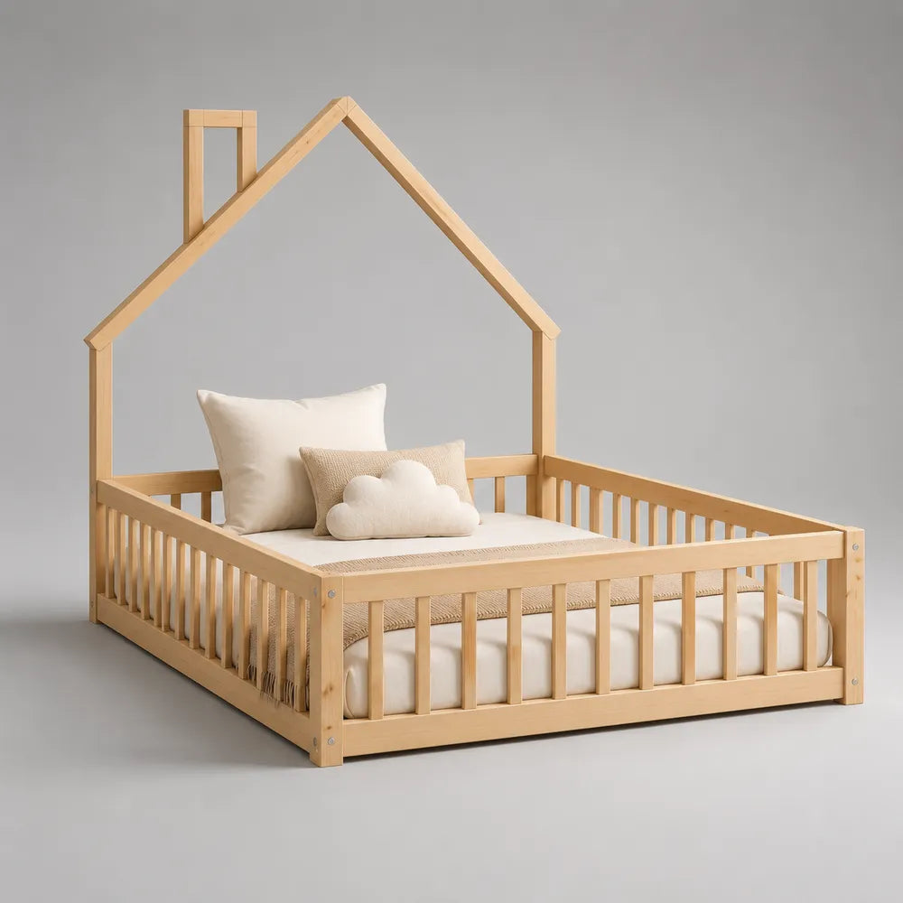 Lit cabane enfant 90 x 200 cm pin massif naturel avec toit maison et barrières