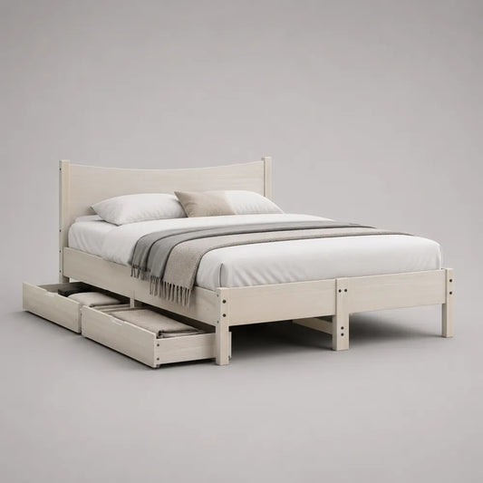 Lit double avec tiroirs 160 x 200 cm en MDF effet bois chêne clair forme rectangulaire