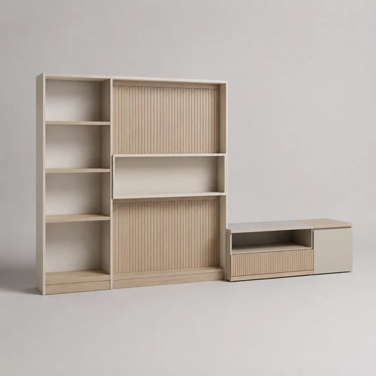 Ensemble meuble TV mural 300 x 40 x 220 cm en MDF beige avec étagères niches et rangements fermés