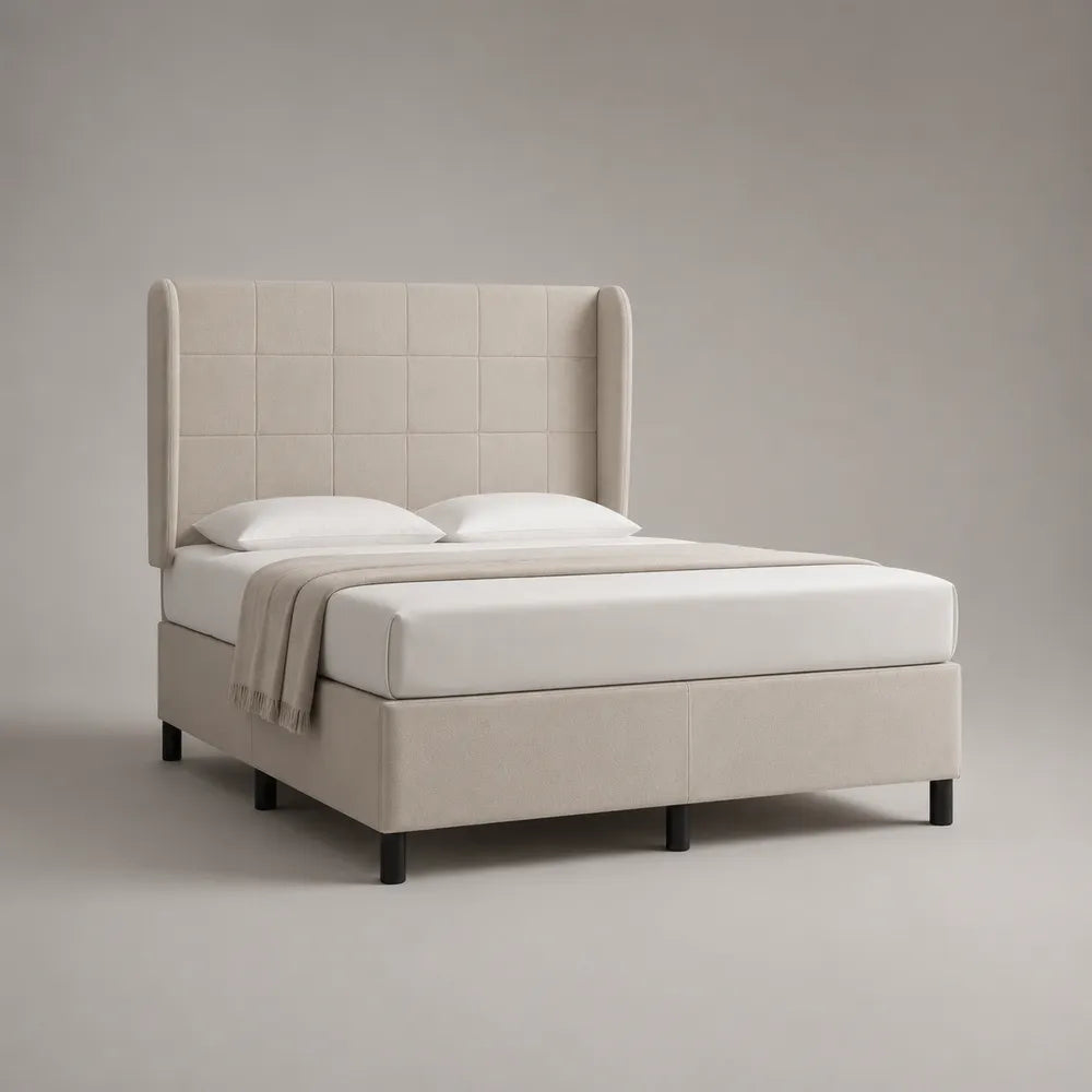 Lit double 160 x 200 cm cadre de lit rembourré en polyester beige structure rectangulaire tête de lit capitonnée