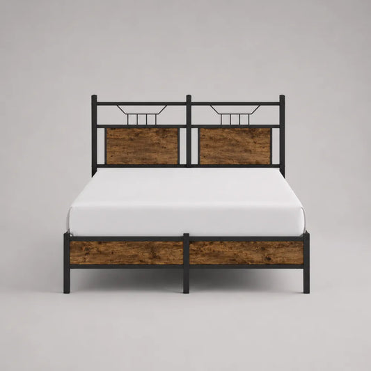 Lit double 160 x 200 cm cadre de lit en acier noir et panneaux MDF effet bois marron structure rectangulaire