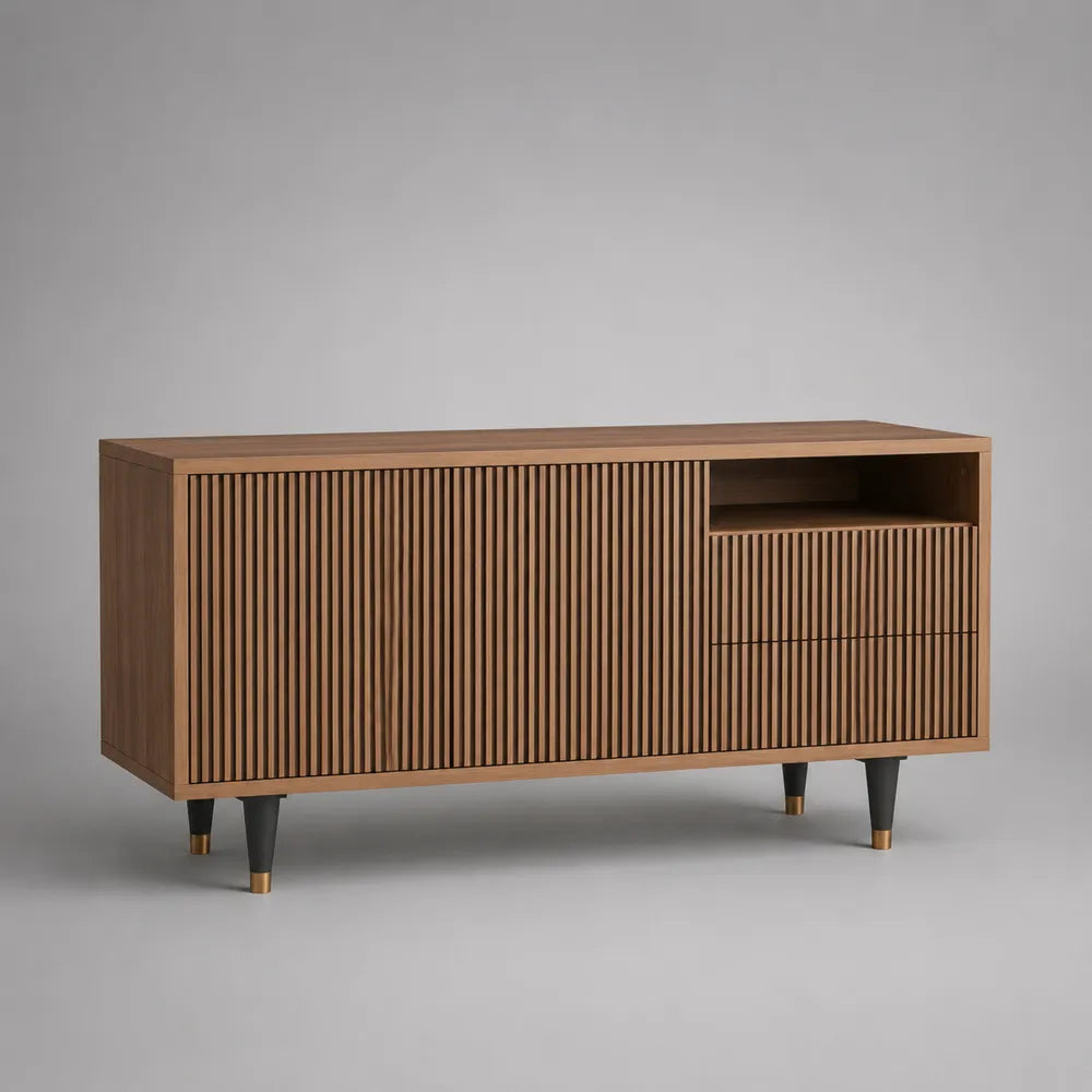 Meuble TV 180 x 40 x 70 cm en MDF marron effet bois avec portes rainurées et niche ouverte