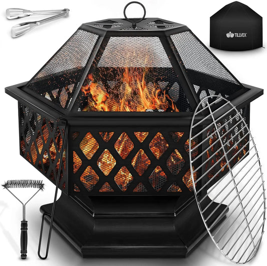 Barbecue, Terrasse, tillvex Brasero Extérieur BBQ, Foyer Poêle pour Jardin, Hexagonal, Chauffage avec Gril-Le à Charbon + Couvercle