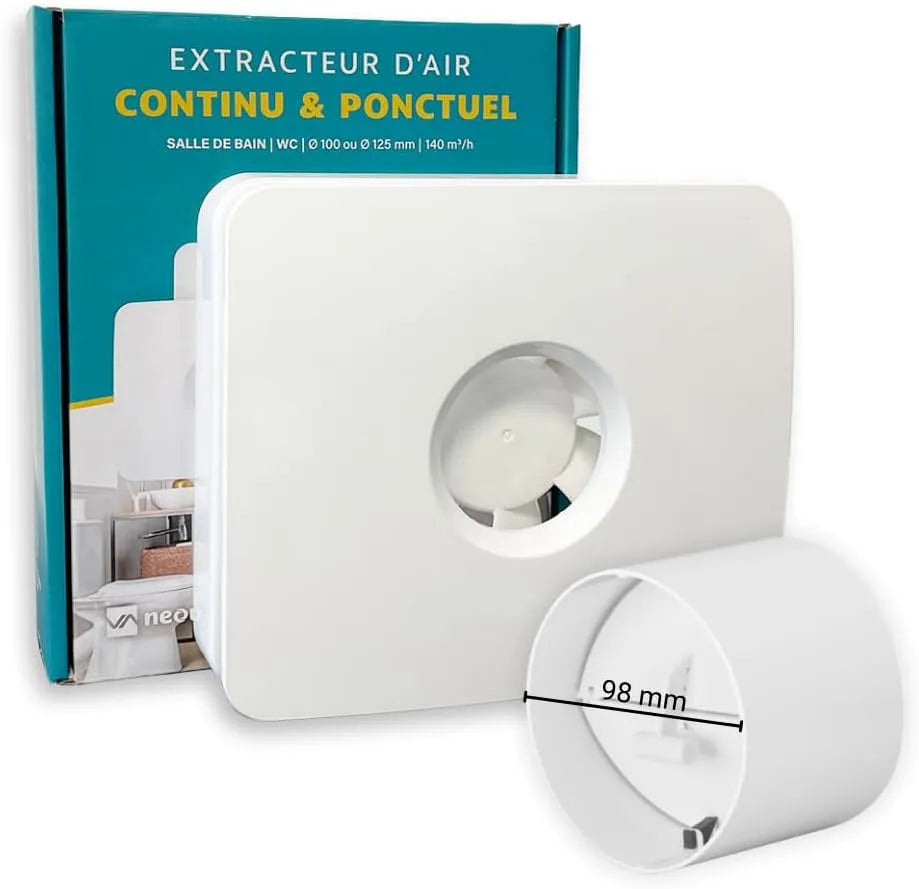 Pack KELIS, Extracteur d'air connecté avec Clapet Anti-retour intégré 100MM, Fonctionnement intermittent ou continu pour Salle de Bain, WC, Cuisine