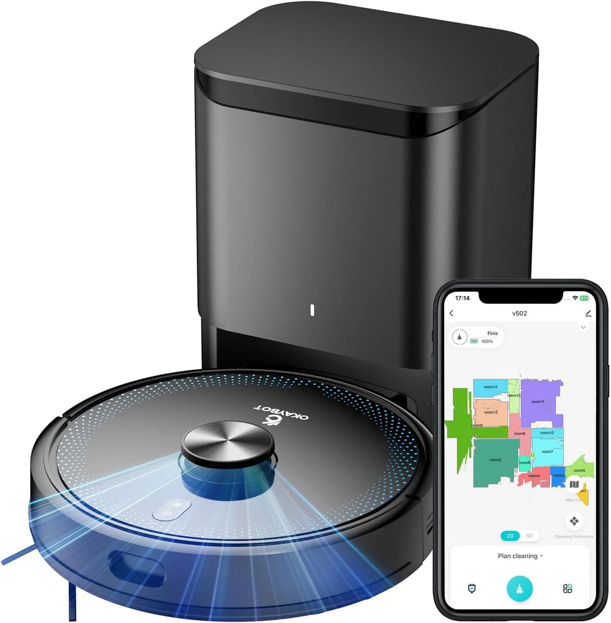 Aspirateur robot, 4000PA, 120 Min Autonomie, Compatible Alexa, WiFi, Poils d'animaux, V2 Laveur avec Station, Navigation LiDAR, APP