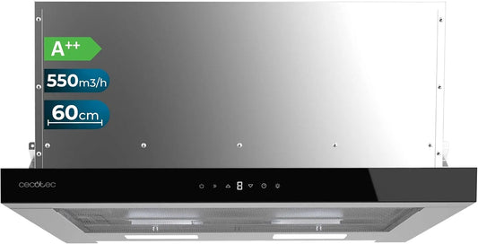 Cecotec hotte aspirante 605500, Télescopique 60cm Flux TLT Glass Black A++. Moteur 70W, 550m³/h, Puissance 550m³, Filtre à charbon