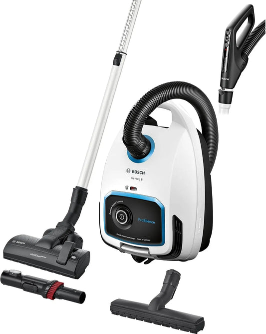 Bosch aspirateur BGB6SIL1, niveau sonore de 66 dB, filtre hygiénique HEPA, finition blanche, Série 6, ProSilence, traîneau avec sac, Electroménager