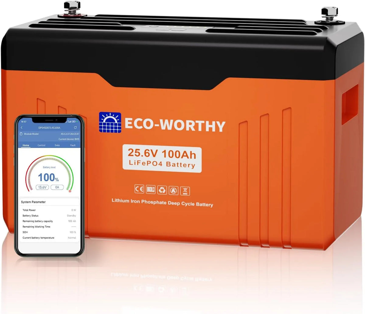 Modèle Lithium Bluetooth 100AH Lifepo4 15000 ECO-WORTHY Batterie, BMS 100A avec Protection Contre Les Basses températures, tension 24V, Cycles, Pêche