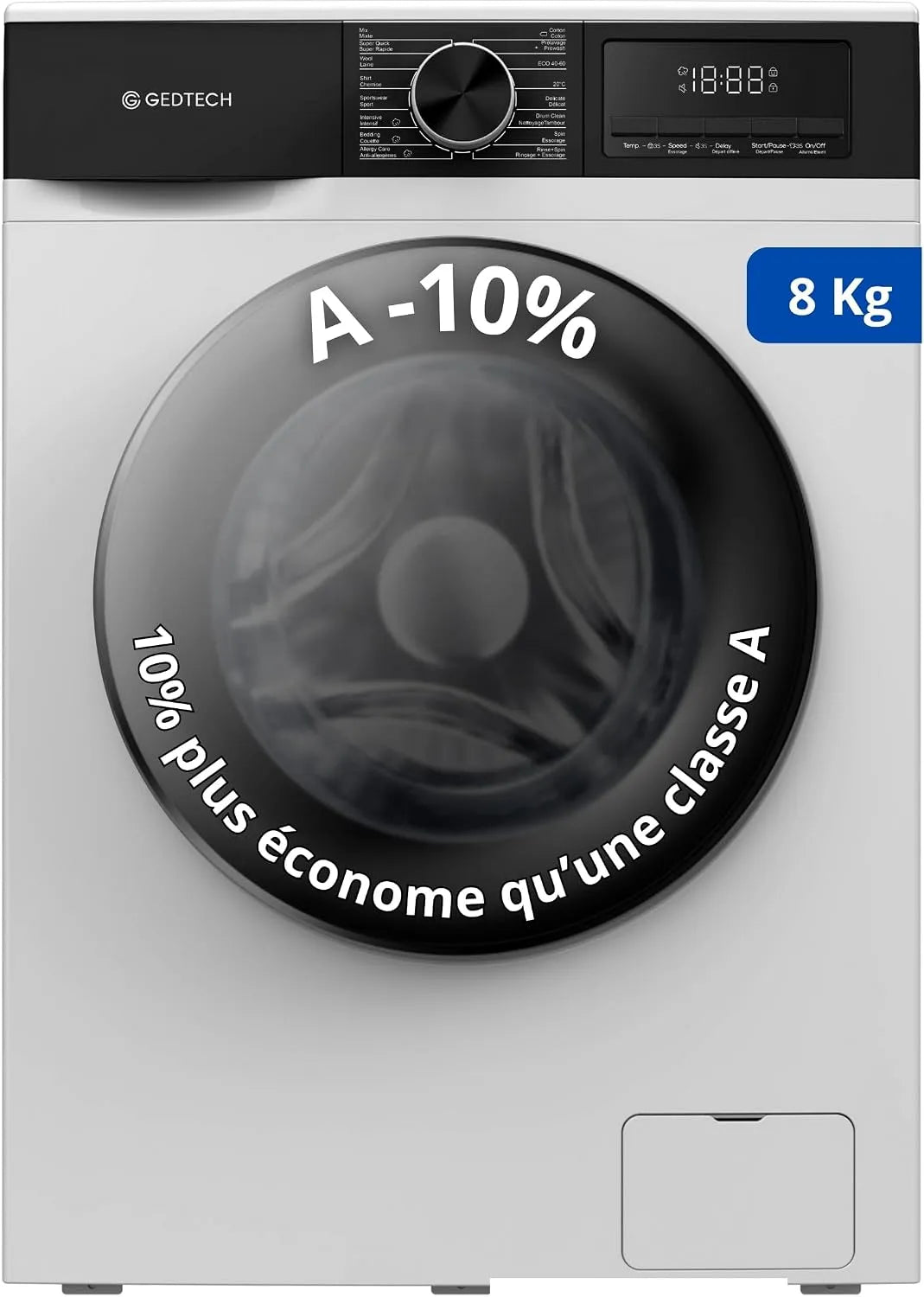 Lave-linge GLL81400WH A-10, 8 Kgs, frontal GEDTECH, Eco, Rapide, Classe %, 16 programmes, 1400 tr, mn