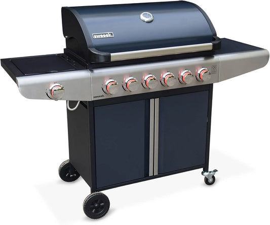 Barbecue Alice's Garden, Cuisine extérieure 6 brûleurs dont 1 feu latéral, Bazin 6 finition grise anthracite, au gaz