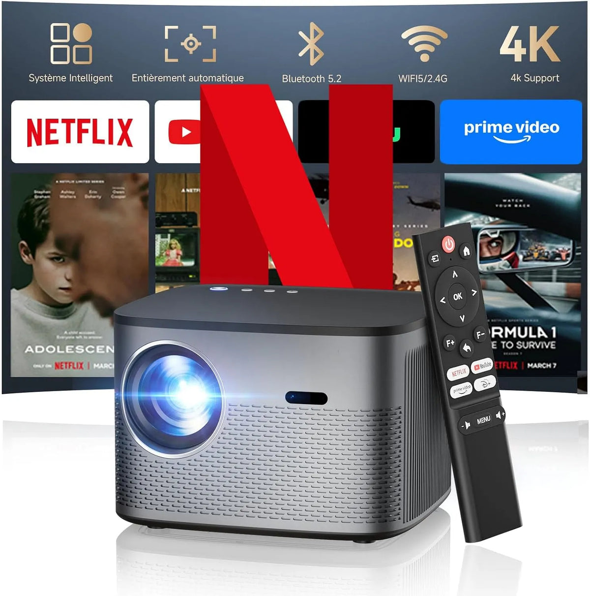 Modèle Certifié 1080P Netflix Certifié, WiFi Bluetooth Projecteur Home Cinéma, capacité 35000LM, Vidéoprojecteur 4K Android 13.0 Auto Focus