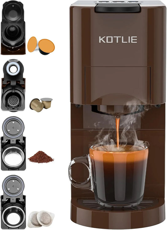 Machine à café AC-513K, KOTLIE 4 en 1 Multifonctionnel à Capsules, 44mm, 19Bar, capacité 0.8L réservoir de stockage d'eau, pour NES, DG, ESE Pod, Brun