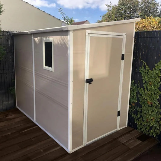 Abri de jardin, Adossé en Résine Beige 3,55m², Structure Acier Galvanisé, Rangement Extérieur avec Kit de Fondation, Porte Verrouillable, Fenêtre