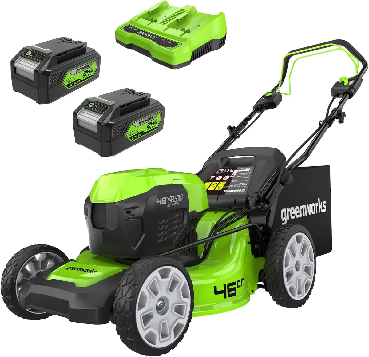 Greenworks tondeuse à gazon GD24X2LM46SPK4X, tension 48V, tension 24V x 2, Sans Fil Autopropulsée Pelouses Jusqu'à 480m², Largeur de Coupe 46cm
