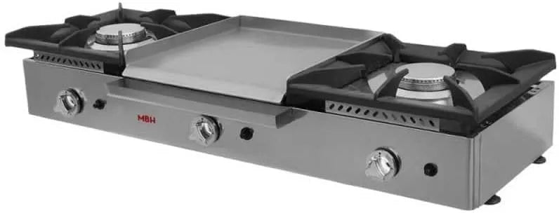 MBH, Réchaud professionnel à gaz avec 2 feux grilles en fonte, et 1 plancha de cuisson laminée 40 x 40 au centre, pour bar et restaurant.