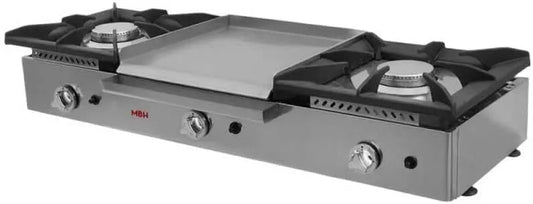 MBH, Réchaud professionnel à gaz avec 2 feux grilles en fonte, et 1 plancha de cuisson laminée 40 x 40 au centre, pour bar et restaurant.