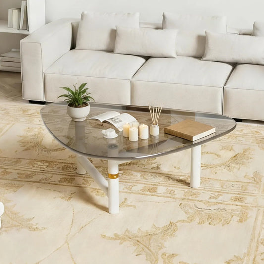 Table, basse triangulaire en verre, Petite à thé avec structure en métal solide, bureau, dimensions 91 x 74 x 41,5 cm, Pour salon