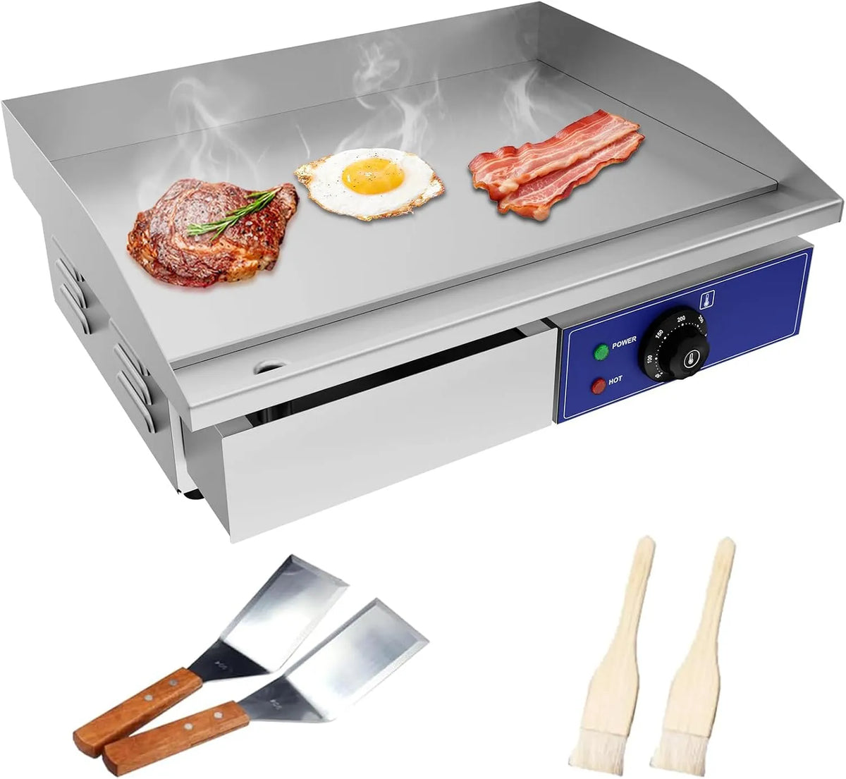 Plaque de cuisson, avec thermostat et bac à jus amovible, TAIMIKO Plancha Électrique Professionnelle 55 * 35.5cm de Cuisson Lisse 2 Zones