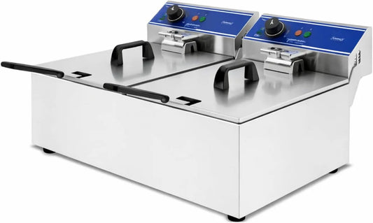 Professionnelle Double Friteuse Électrique, 2 × 6 L, puissance 7200 W, 2 Cuves Amovibles, Thermostat 50–200°C, Inox