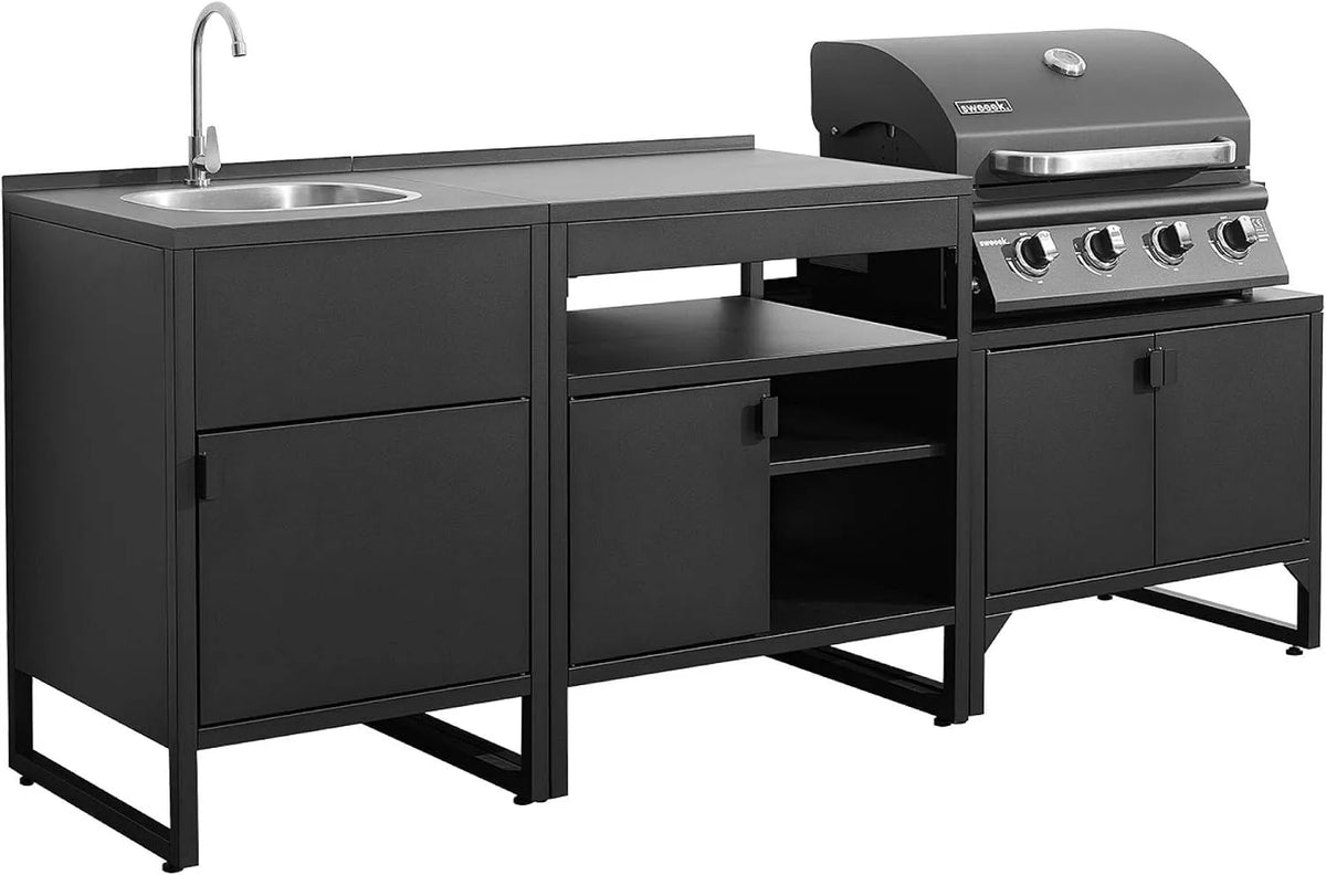 Barbecue à gaz, Cuisine extérieure 3 modules acier inoxydable avec 4 brûleurs finition noire, sweeek, Kea