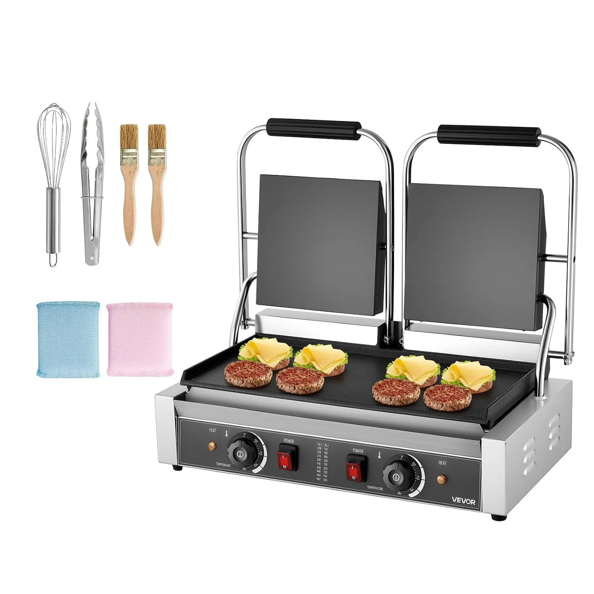 Vevor gril, Double Presse à Panini avec Plaque Émaillée Plate de 48,5x23 cm, Contrôle de la Température, Steak, Panini Électrique de 3600 W, Cuisine