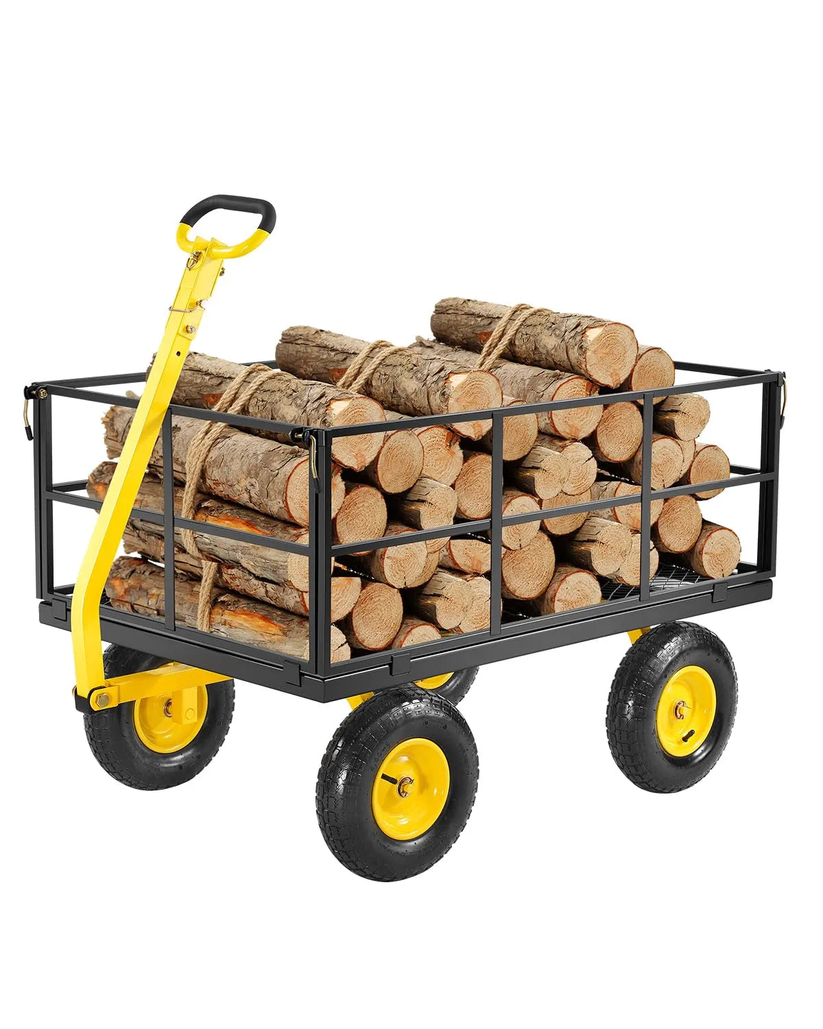 Vevor Chariot de Jardin Transport, Poignée Rotative 180°, Charge 635,03 kg, Côtés Amovibles en Maille, Jaune finition noire