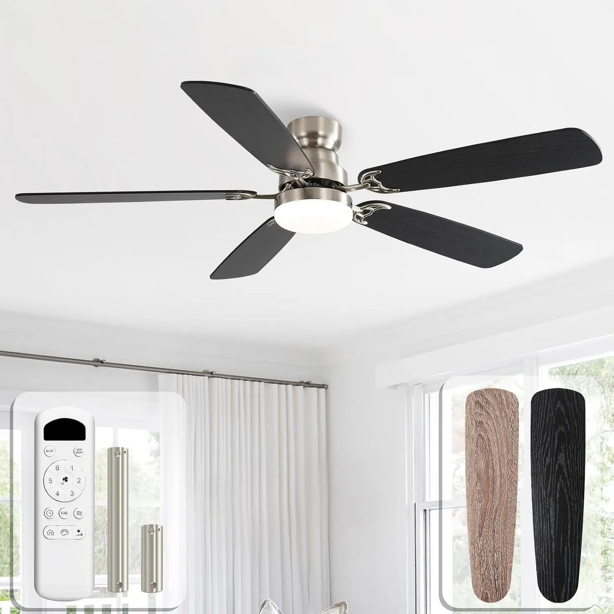 Ventilateur Sofucor, 132 cm Dimmable Lampe Plafond LED, 6 niveaux de vitesse, 6 niveaux de vitesse, Plafond avec Lumiere, Telecommande