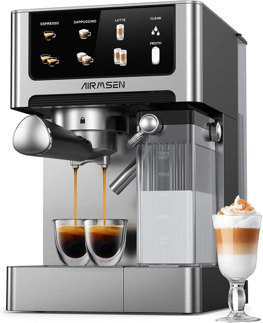 Cafetière 15s, puissance 1350W & 1000W, Machine a Cafe Double Chaudière, Extraction en, Écran Tactile, AIRMSEN Machine à Espresso 20 Bar
