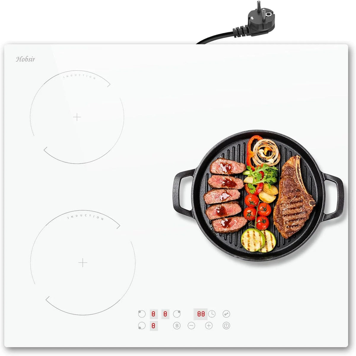 Plaque de cuisson Hobsir, Table de Cuisson électrique 60cm, Induction 3 Feux avec Prise, puissance 3500W, Minuterie de 99 Minutes, Boost